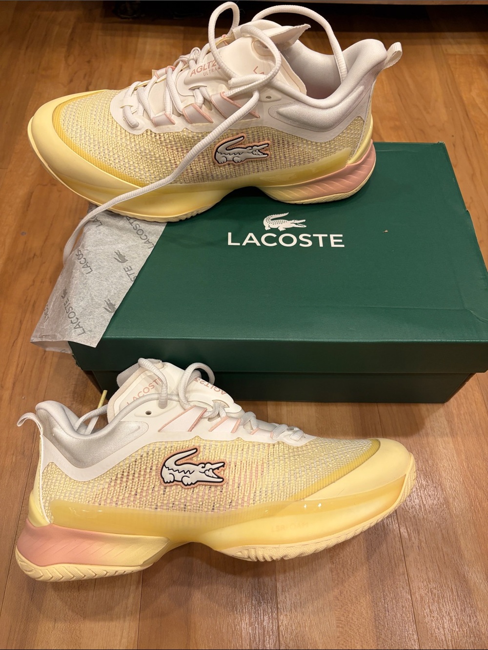 Lacoste & FP Movement AG-LT23 Ultra Tennis Sneakers Yellow/White Women’s Size 9